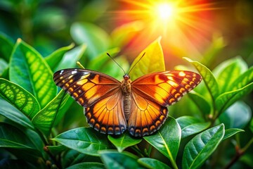 Fototapeta premium Vibrant Sunburst Butterfly Resting on Green Leaves in a Colorful Natural Habitat Under Bright Sunlight