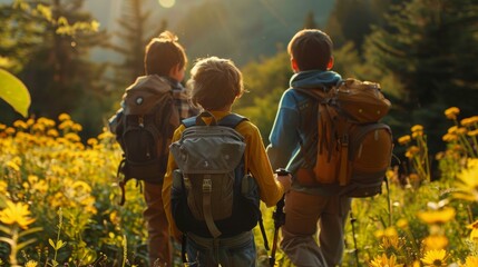 Fototapeta premium Three young friends hike through a field of wildflowers, their backpacks filled with adventure.