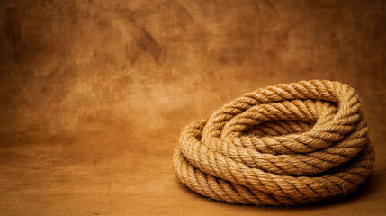 Obraz premium Coiled Jute Rope On Smooth Brown Surface For Crafting Use