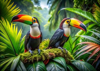 Fototapeta premium Vibrant Toucans Perched Among Tropical Leaves in Lush Rainforest Environment