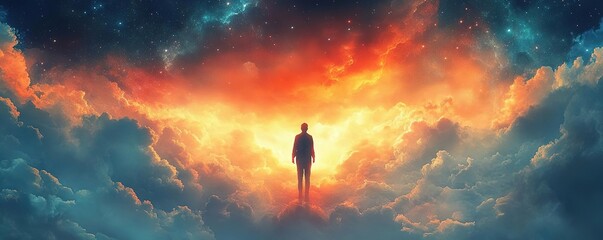 Obraz premium A solitary figure stands amidst a vibrant cosmic backdrop, embodying the essence of exploration and wonder in a dreamlike landscape.