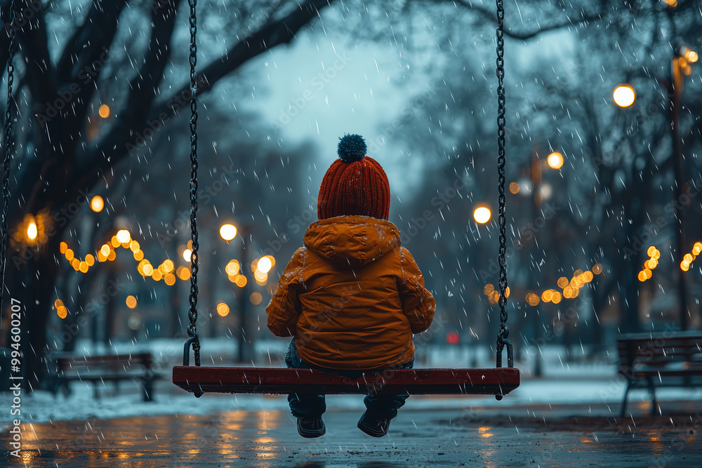 Poster a child sitting alone on a swing in an empty playground, looking up at a cloudy sky, symbolizing lon