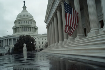 The United States Capitol building is surrounded by a large crowd of people. A large American flag is flying in the air