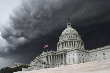 The Washington Monument is surrounded by a large crowd of people. The sky is dark and cloudy, and the weather is stormy
