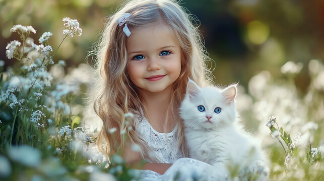 a little beautifull girl of 4 years old whith blonde hear is playing with white kitten in the garden