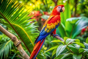 Fototapeta premium Vibrant Tropical Parrot Perched on a Branch Surrounded by Lush Green Foliage in Exotic Setting