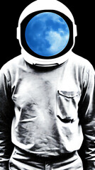 Astronaut Gazing at Earth: A surreal monochrome portrait of an astronaut whose helmet reflects a vibrant blue planet, symbolizing exploration, dreams, and the vastness of space. 