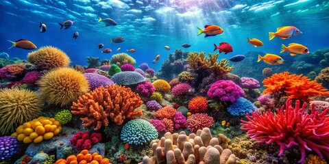 Fototapeta premium Vibrant Underwater Coral Reef Background with Colorful Marine Life and Clear Blue Ocean Water