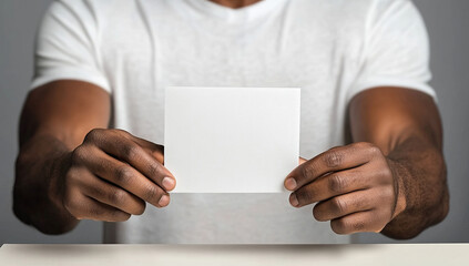 A man is voting in a booth with a red and white American flag behind him. He is holding a white card that says "vote"