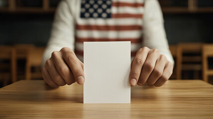 A man is voting in a booth with a red and white American flag behind him. He is holding a white card that says "vote"