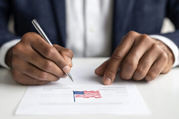 A man is voting in a booth with a red and white American flag behind him. He is holding a white card that says "vote"