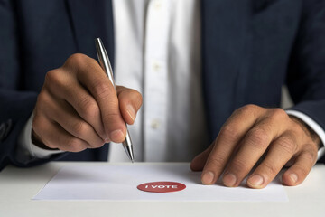 A man is voting in a booth with a red and white American flag behind him. He is holding a white card that says "vote"