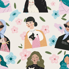 Seamless pattern. 
Girls and their pets . Hand drawn trendy vector flat illustration.  Design for banner, card, placard, brochure.