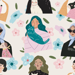 Seamless pattern. 
Girls and their pets . Hand drawn trendy vector flat illustration.  Design for banner, card, placard, brochure.