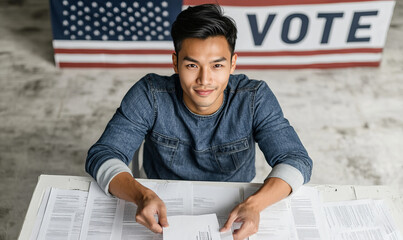 A man is sitting at a table holding a piece of paper and smiling. The paper is titled "Vote"