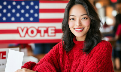 A woman is smiling and sitting in front of a voting sign. She is wearing a gray sweater and has her hair in a ponytail
