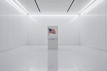 A box with the word Vote on it is sitting on a table in front of a wall with an American flag