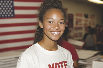A young woman wearing a white shirt with the words Vote on it is smiling. She is standing in front of a red and white American flag