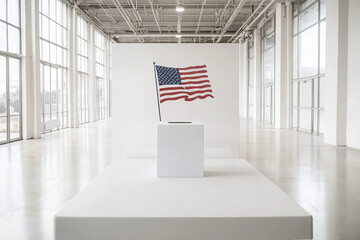 A box with the word Vote on it is sitting on a table in front of a wall with an American flag