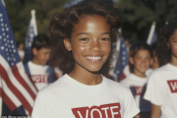 A young woman wearing a white shirt with the words Vote on it is smiling. She is standing in front of a red and white American flag