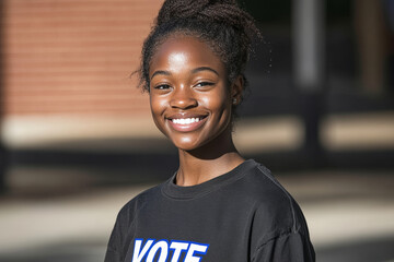 A young woman wearing a white shirt with the words Vote on it is smiling. She is standing in front of a red and white American flag