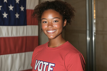 A young woman wearing a white shirt with the words Vote on it is smiling. She is standing in front of a red and white American flag