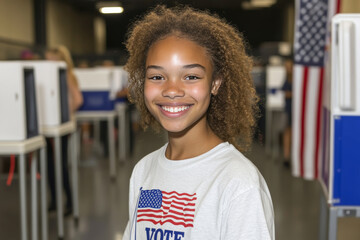 A young woman wearing a white shirt with the words Vote on it is smiling. She is standing in front of a red and white American flag