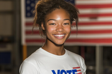 A young woman wearing a white shirt with the words Vote on it is smiling. She is standing in front of a red and white American flag