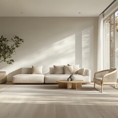 A minimalist living room modern furniture and a focus on the flooring The overall vibe is serene  " ai generated "