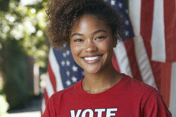 A young woman wearing a white shirt with the words Vote on it is smiling. She is standing in front of a red and white American flag