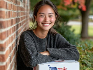 A woman is smiling and sitting in front of a voting sign. She is wearing a gray sweater and has her hair in a ponytail