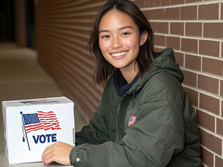 A woman is smiling and sitting in front of a voting sign. She is wearing a gray sweater and has her hair in a ponytail