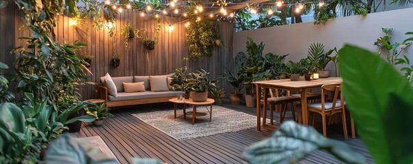 Scandinavian-inspired patio with sleek wooden furniture, string lights overhead, and lush planters that enhance the natural, relaxed ambiance