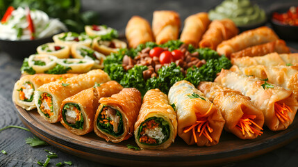 A platter of assorted egg rolls with various fillings, captured using an ultra HD camera with a ring light for even illumination