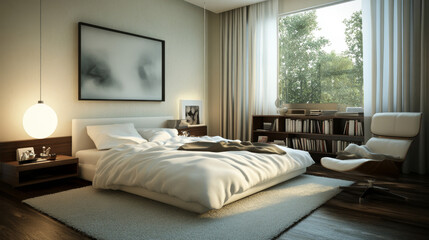 Fototapeta premium Imagine a stylish modern bedroom featuring clean lines and a calming color palette. 