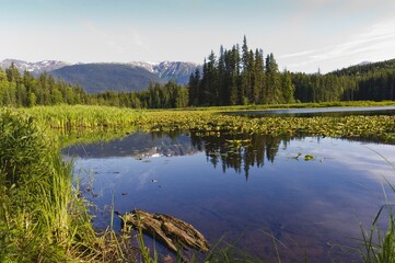 Bonus Lake reflecting snow covered mountains.