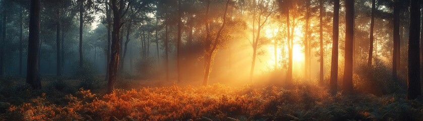 A serene forest scene illuminated by soft sunlight, with mist floating above a carpet of lush foliage and warm foliage hues.