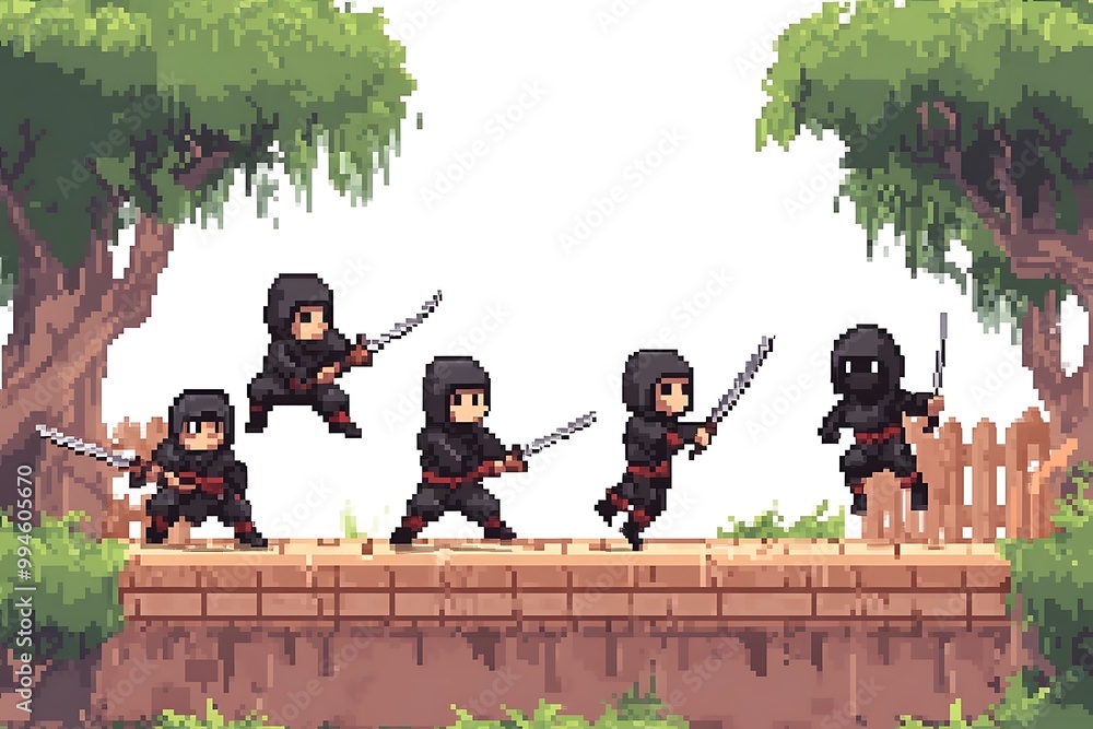 Poster pixel art ninja sprites for game development, 8bit character set for rpg game
