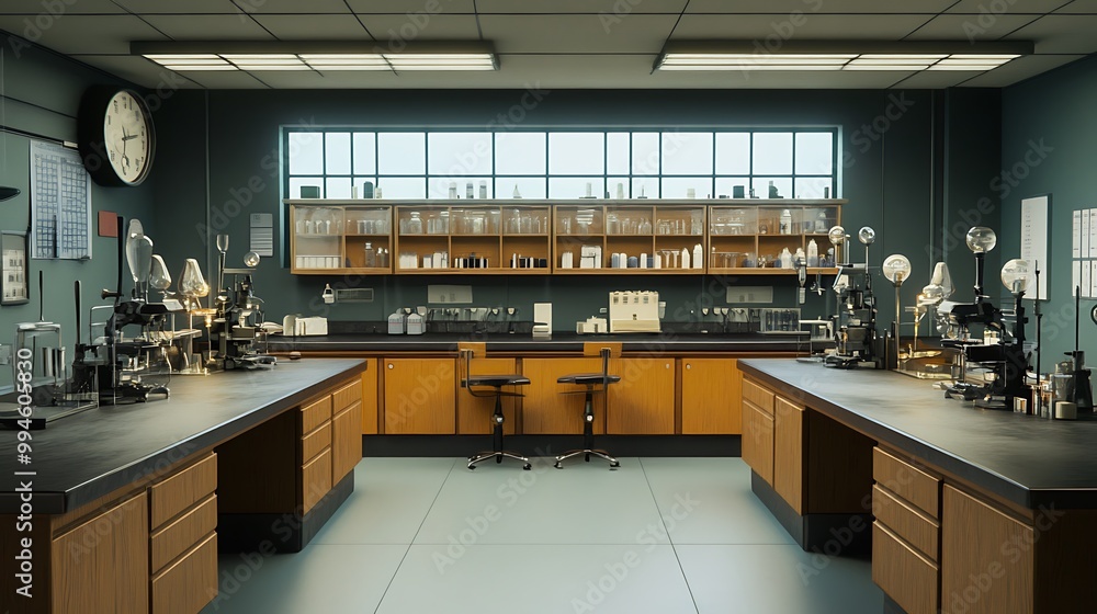 Poster empty science laboratory with laboratory equipment. concept of science, research, and experiments.