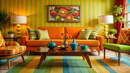 Vintage 1960s Living Room Furniture Set Featuring Retro Couch, Coffee Table, and Decorative Accents