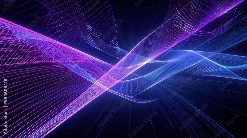 Poster blue and purple laser lines crossing each other, creating intricate patterns on a deep black backgro