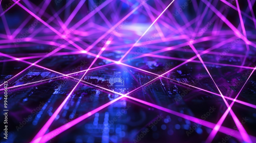 Fototapete blue and purple laser lines crossing each other, creating intricate patterns on a deep black backgro