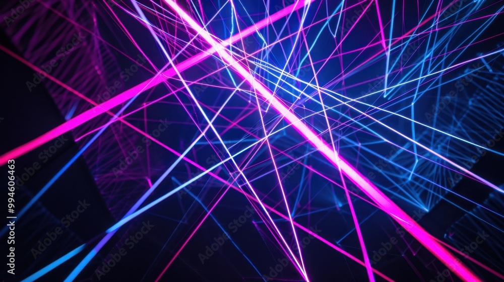 Poster blue and purple laser lines crossing each other, creating intricate patterns on a deep black backgro