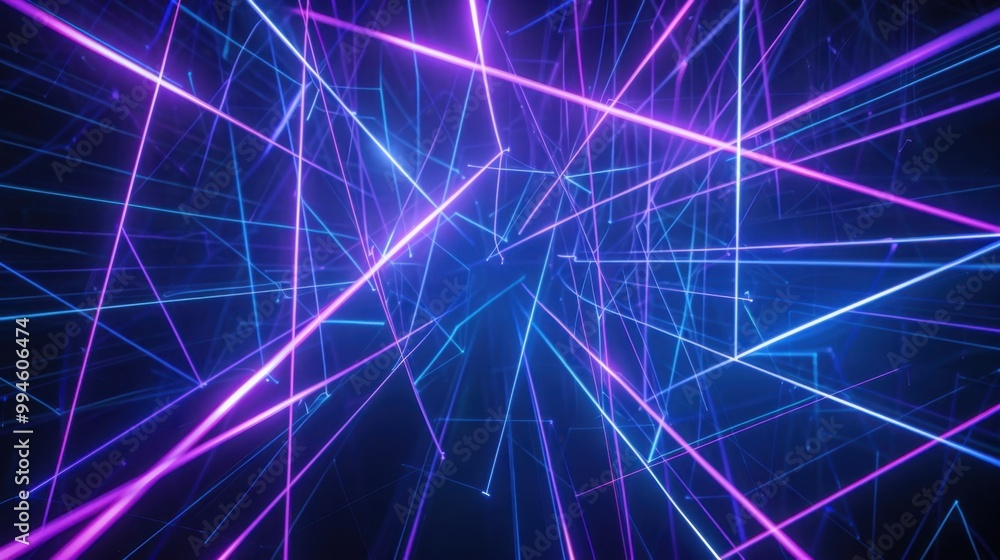 Poster blue and purple laser lines crossing each other, creating intricate patterns on a deep black backgro