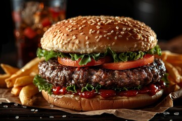 American cheese burger with fresh salad and french fries