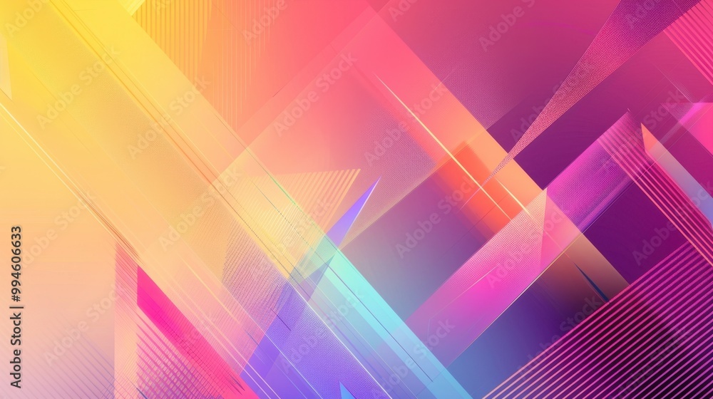 Poster bold geometric lines in vibrant colors, forming dynamic patterns with sharp angles on a soft gradien