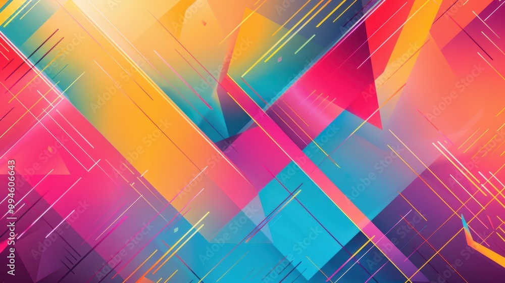 Poster bold geometric lines in vibrant colors, forming dynamic patterns with sharp angles on a soft gradien