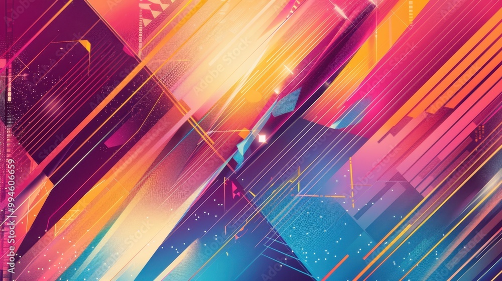 Poster bold geometric lines in vibrant colors, forming dynamic patterns with sharp angles on a soft gradien