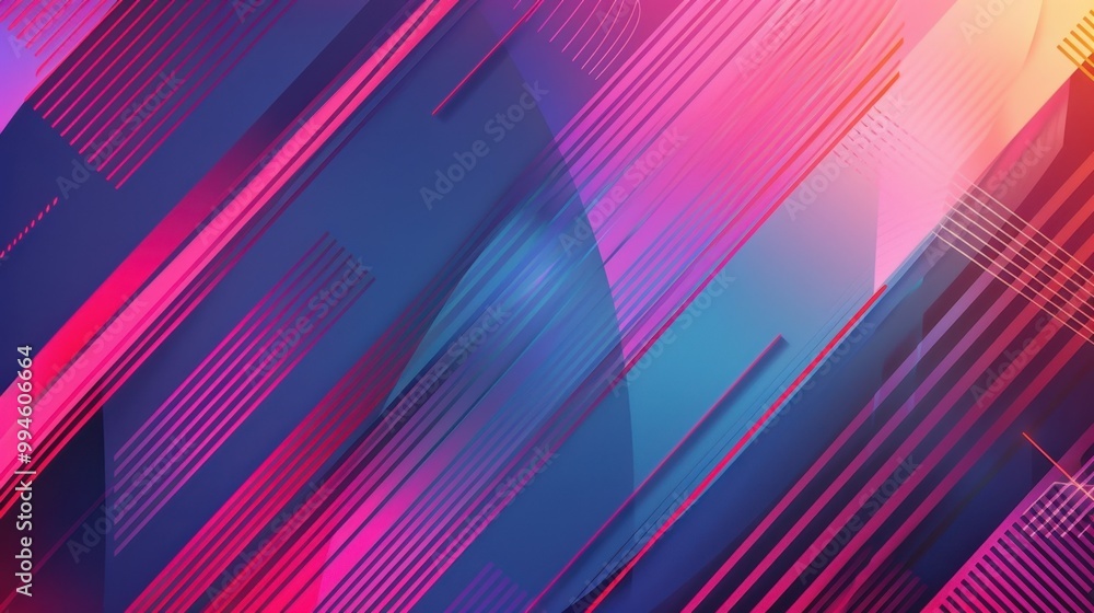 Poster bold geometric lines in vibrant colors, forming dynamic patterns with sharp angles on a soft gradien