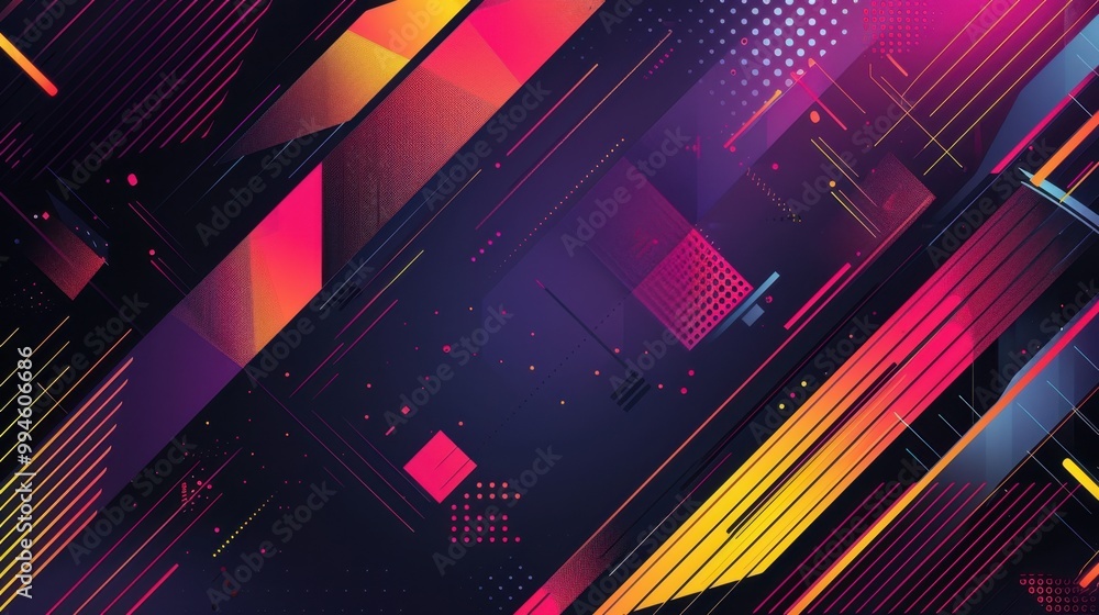 Poster bold geometric lines in vibrant colors, forming dynamic patterns with sharp angles on a dark backgro